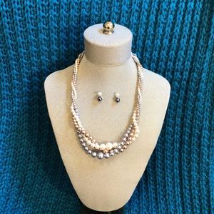 Rare Vintage Set of Necklace, Earrings and 3 Bracelets - RMN Faux Pearls